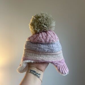 The North Face Pink and Cream Knit Pom-Pom Hat 6-24 months
